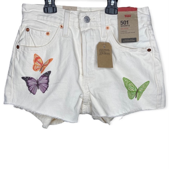 Levi 501 Denim Shorts 24” Cream Butterfly 🦋 Print High Rise Button Raw Edge - Picture 2 of 13